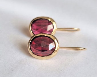 Solid 14k gold earrings, Gold Garnet earrings, January birthstone earrings, Drop gold earrings, January birthday earrings, 14k Gold Garnet