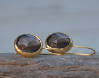 Smoky quartz earrings, Smokey earrings, Oval earrings, Gold Smokey earrings, Gold drop earrings, Brown gemstone earrings, 14k Gold earrings