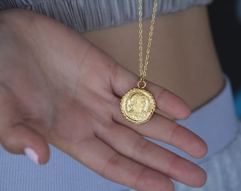 Long coin necklace, 14k gold necklace, gold coin necklace, coin pendant necklace, medallion necklace, coin necklace, gold pendant necklace