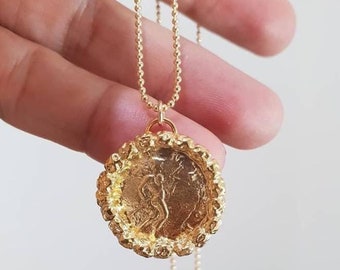Colar de moedas de ouro, colar com pingente de ouro, colar de ouro 14k, colar de moedas antigas, colar de medalhão, colar de moedas longas