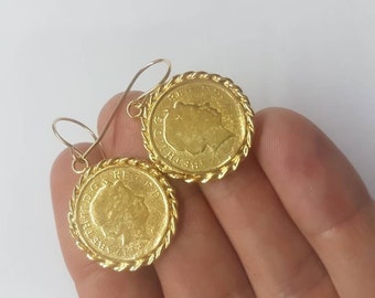 Gold coin earrings, dangle coin earrings, coin pendant earrings, antique coin earrings, gold drop earrings, coin earrings