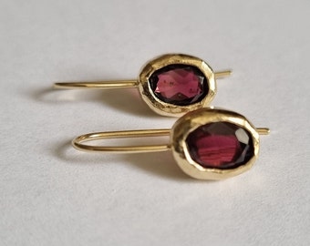 Gold garnet earrings, garnet drop earrings, red gemstone earrings, oval garnet earrings, gold drop earrings, January birthstone earrings