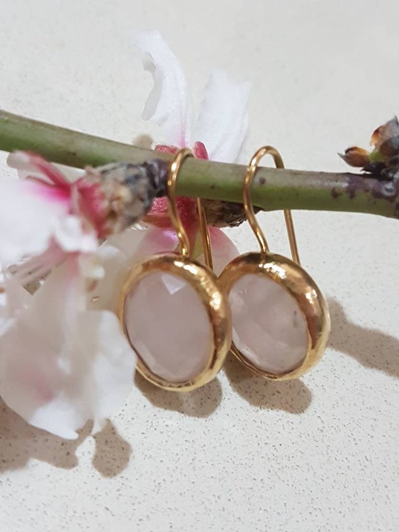 Rose Quartz Earrings Gold Pink Earrings Gift for Mom Oval Etsy