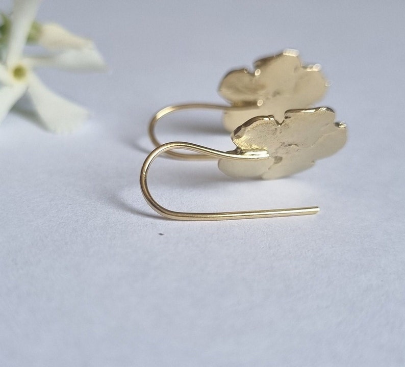 Gold flower earrings, 14k Gold earrings, Drop gold earrings, Solid gold earrings, Romantic earrings, 9k gold earrings, Feminine jewelry image 8