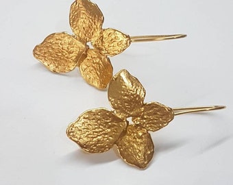 Gold large flower earrings, statement earrings, gold wedding earrings, long earrings, gold drop earrings, gold earrings gold bridal earrings