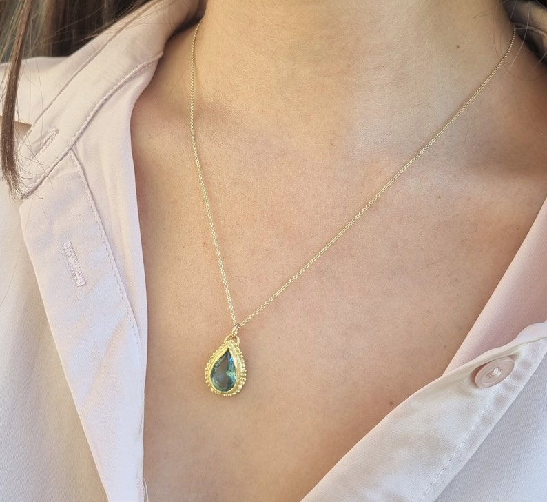 Blue Topaz pendant necklace, 14k gold necklace, Teardrop necklace, Antique style necklace, Gemstone necklace, Vintage style jewelry, 9k Boho image 8