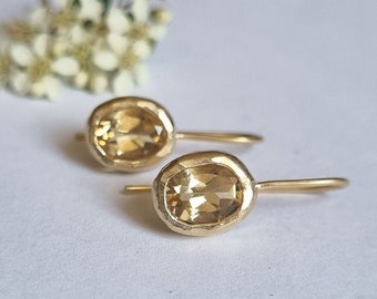Gold citrine earrings, Solid gold earrings, Elegant gold earrings, Gold drop earrings, Gemstone earrings, Feminine jewelry, 14k earrings, 9K