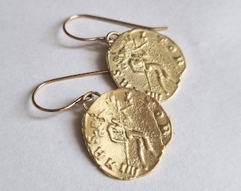 Antique coin earrings, gold coin earrings, ancient coin earrings, gold dangle earrings, coin earrings, Roman coin gold delicate earrings