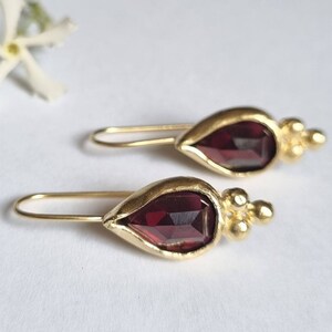 Gold garnet earrings, Drop gold earrings, Solid gold earrings, Teardrop gemstone earrings, Romantic jewelry women, Antique style earrings
