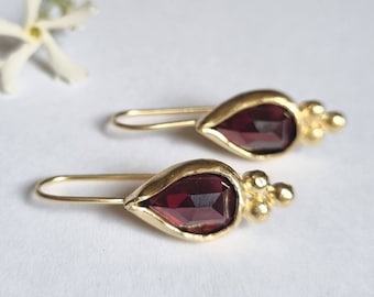 Gold garnet earrings, Drop gold earrings, Solid gold earrings, Teardrop gemstone earrings, Romantic jewelry women, Antique style earrings