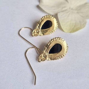 Onyx earrings, Dangle gold earrings, 14k Gold earrings, Teardrop gemstone earrings, Antique style earrings, Romantic jewelry women, Solid 9K zdjęcie 4