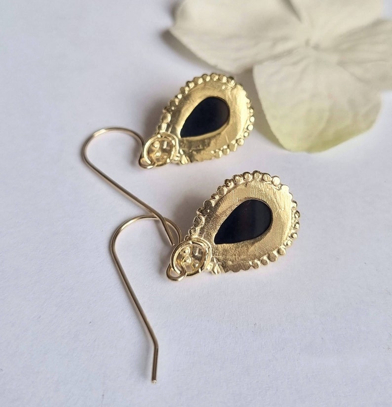 Onyx earrings, Dangle gold earrings, 14k Gold earrings, Teardrop gemstone earrings, Antique style earrings, Romantic jewelry women, Solid 9K zdjęcie 4