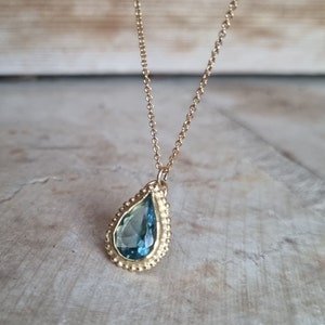 Blue Topaz pendant necklace, 14k gold necklace, Teardrop necklace, Antique style necklace, Gemstone necklace, Vintage style jewelry, 9k Boho image 6