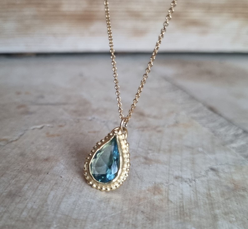 Blue Topaz pendant necklace, 14k gold necklace, Teardrop necklace, Antique style necklace, Gemstone necklace, Vintage style jewelry, 9k Boho image 6