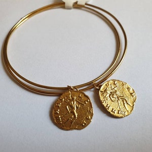Gold bangle bracelet with coin charm, gold coin bracelet for women image 3