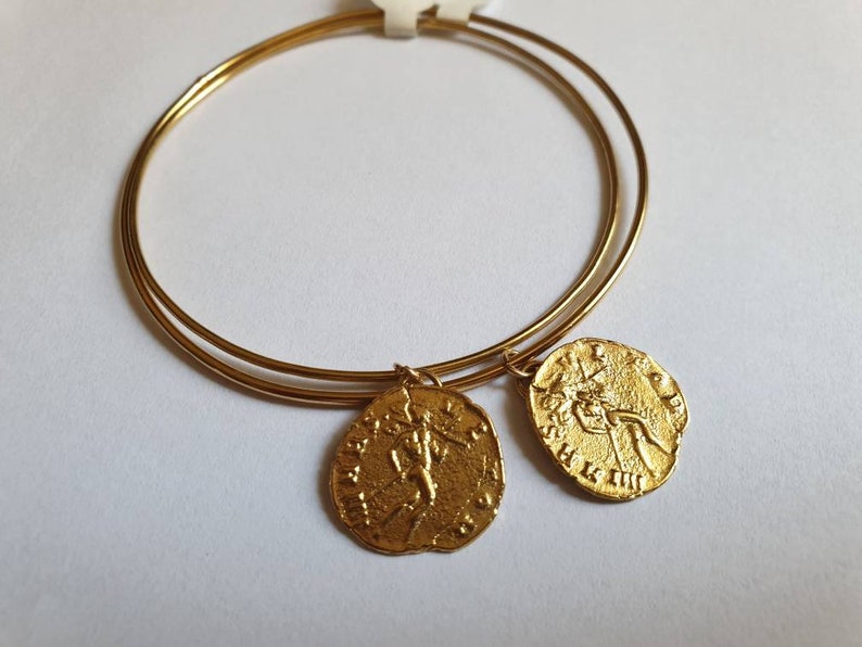 Gold bangle bracelet with coin charm, gold coin bracelet for women image 3