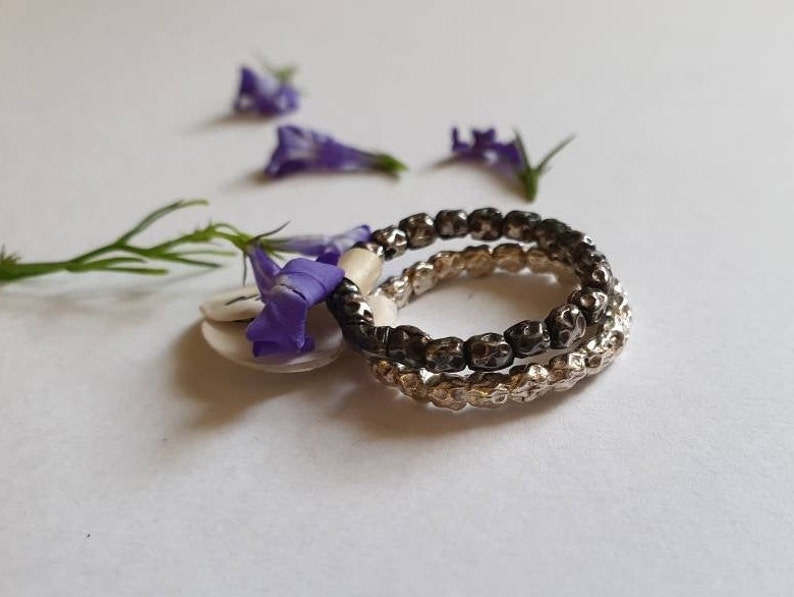 silver ring set Wedding band women simple ring band silver wedding ring stackable rings for women textured beads ring set