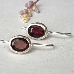 Garnet earrings, garnet drop earrings, red gemstone earrings, oval garnet earrings, silver drop earrings, January birthstone earrings