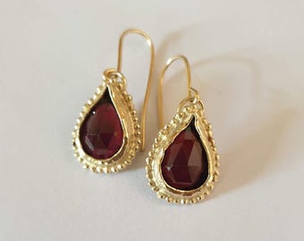 Solid gold earrings, 14k gold earrings, 9k gold earrings, Garnet earrings, gold teardrop earrings, January birthstone earrings