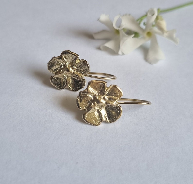 Gold flower earrings, 14k Gold earrings, Drop gold earrings, Solid gold earrings, Romantic earrings, 9k gold earrings, Feminine jewelry image 3