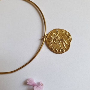 Gold bangle bracelet with coin charm, gold coin bracelet for women