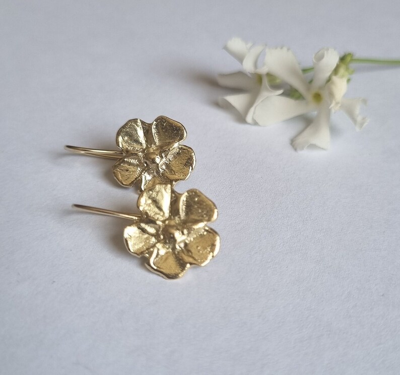 Gold flower earrings, 14k Gold earrings, Drop gold earrings, Solid gold earrings, Romantic earrings, 9k gold earrings, Feminine jewelry image 7