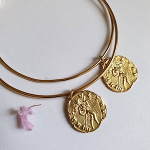 Gold bangle bracelet with coin charm, gold coin bracelet for women image 1