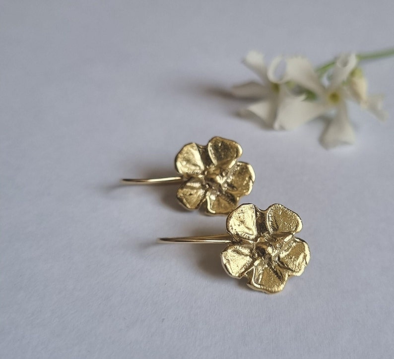 Gold flower earrings, 14k Gold earrings, Drop gold earrings, Solid gold earrings, Romantic earrings, 9k gold earrings, Feminine jewelry image 6