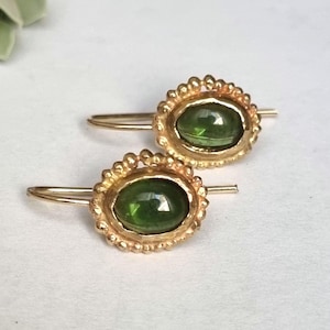 Solid gold Tourmaline earrings, 14k gold earrings, antique earrings, Green Tourmaline earring, 9k gold earring, Green earrings for Christmas