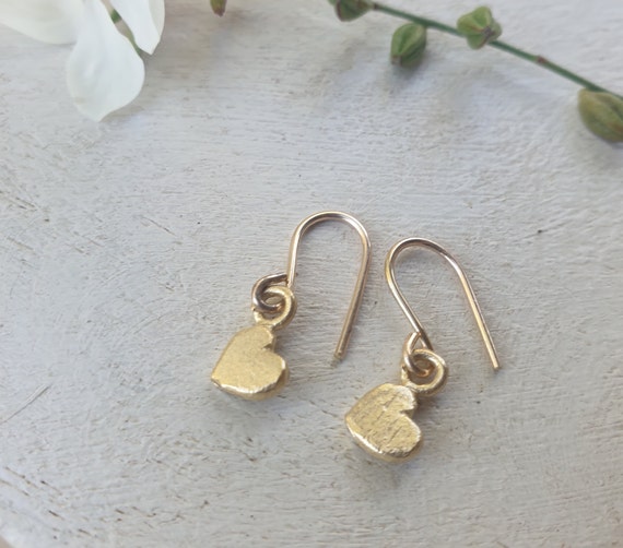Solid Gold Earrings 14k Gold Heart Earrings Dangle Heart | Etsy