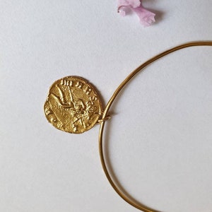 Gold bangle bracelet with coin charm, gold coin bracelet for women image 4