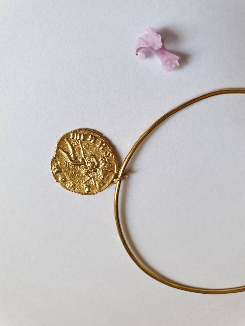 Gold bangle bracelet with coin charm, gold coin bracelet for women image 4