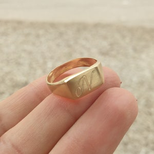 May include: A gold signet ring with the letter "N" engraved on the top.