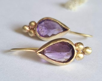 Amethyst earrings, Teardrop gemstone earrings, Antique style earrings, Drop gold earrings, Solid gold earrings, Romantic earring, Vintage