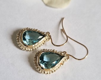 Blue topaz earrings, Dangle gold earrings, Solid gold earrings, Teardrop gemstone earrings, Romantic jewelry women, Antique style earring