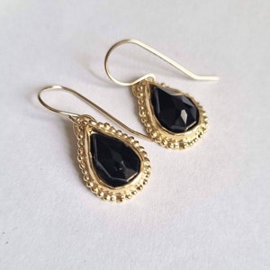 Onyx earrings, Dangle gold earrings, 14k Gold earrings, Teardrop gemstone earrings, Antique style earrings, Romantic jewelry women, Solid 9K zdjęcie 6