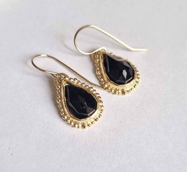 Onyx earrings, Dangle gold earrings, 14k Gold earrings, Teardrop gemstone earrings, Antique style earrings, Romantic jewelry women, Solid 9K zdjęcie 6