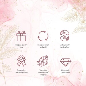 May include: A graphic display featuring six dark maroon icons on a light pink background. The icons represent an elegant jewelry box, recycled silver and gold, meticulously handcrafted items, top quality 14k gold plating, trackable international shipping, and high quality gemstones.