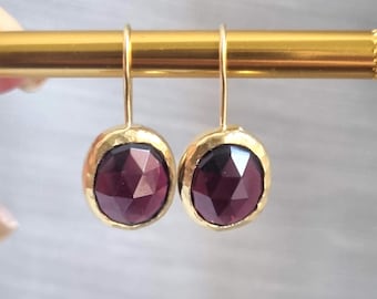 Solid 14k gold earrings, Gold Garnet earrings, January birthstone earrings, Drop gold earrings, January birthday earrings, 14k Gold Garnet