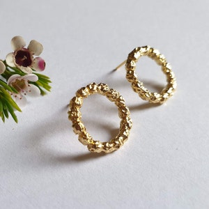 14k Gold studs, Circle earrings, Round stud earrings, Solid gold earrings, 9k gold earrings, Rustic gold earrings, Open circle earrings Boho image 8