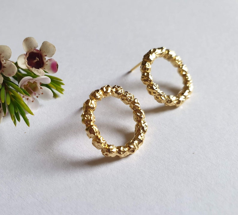 14k Gold studs, Circle earrings, Round stud earrings, Solid gold earrings, 9k gold earrings, Rustic gold earrings, Open circle earrings Boho image 8