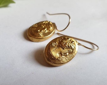 Cameo earrings, gold dangle earrings, gold Cameo earrings, bridal earrings, 14k gold earrings