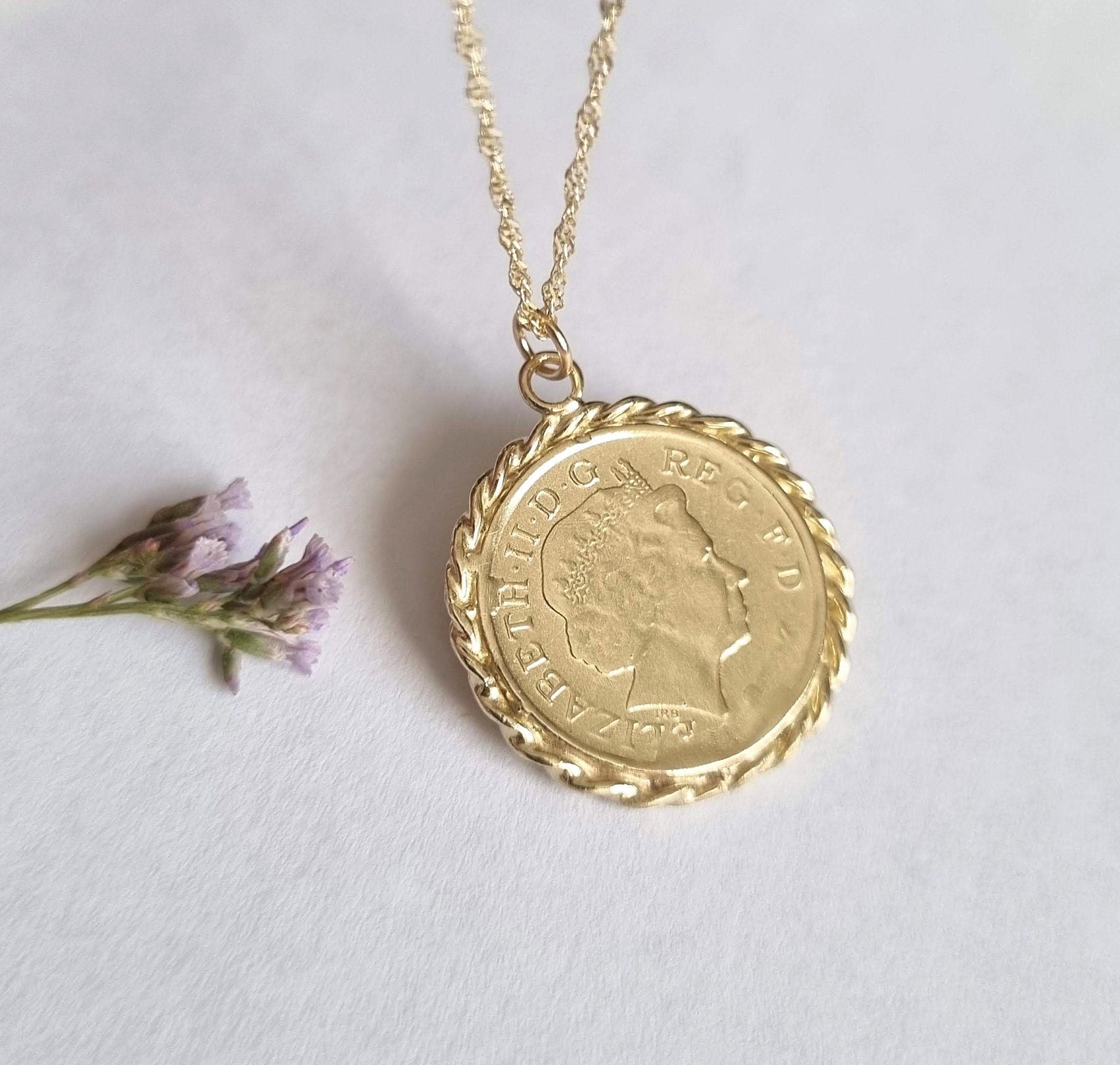 Solid gold coin pendant necklace, 14k gold coin pendant necklace, antique necklace, British coin gold necklace, 14k gold necklace