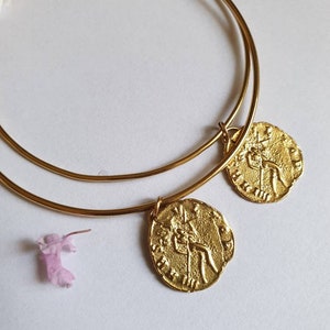 Gold bangle bracelet with coin charm, gold coin bracelet for women image 5