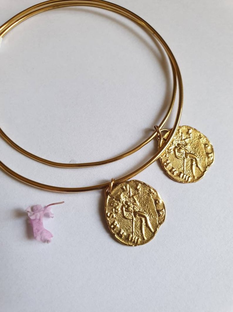 Gold bangle bracelet with coin charm, gold coin bracelet for women image 5