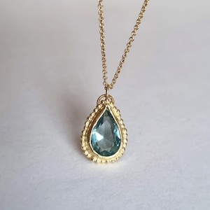 Blue Topaz pendant necklace, 14k gold necklace, Teardrop necklace, Antique style necklace, Gemstone necklace, Vintage style jewelry, 9k Boho image 1