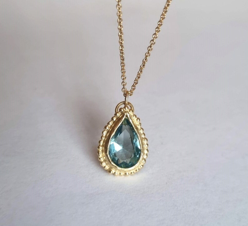 Blue Topaz pendant necklace, 14k gold necklace, Teardrop necklace, Antique style necklace, Gemstone necklace, Vintage style jewelry, 9k Boho image 1