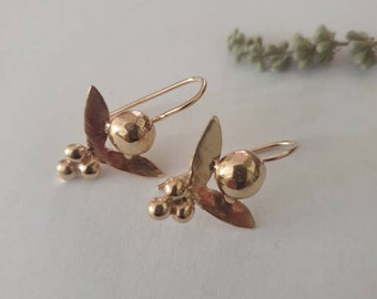 Solid gold earrings, 14k gold earrings, gold tropic flower, unique earrings, bridal earrings, vintage earrings, 9k solid gold earrings