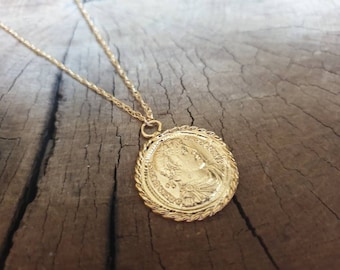 Long coin necklace, 14k gold necklace, gold coin necklace, coin pendant necklace, medallion necklace, coin necklace, gold pendant necklace