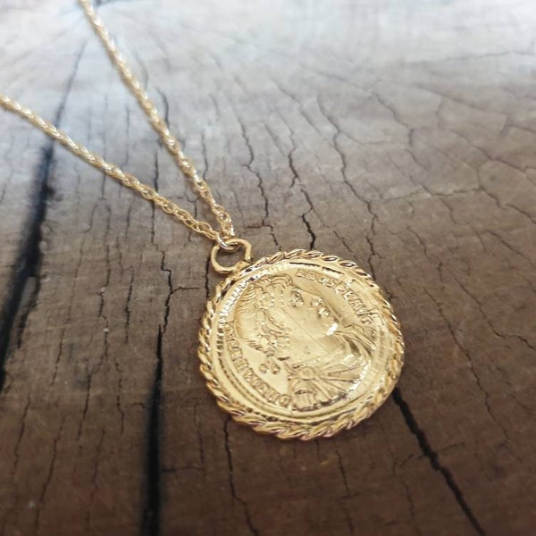 Long coin necklace, 14k gold necklace, gold coin necklace, coin pendant necklace, medallion necklace, coin necklace, gold pendant necklace